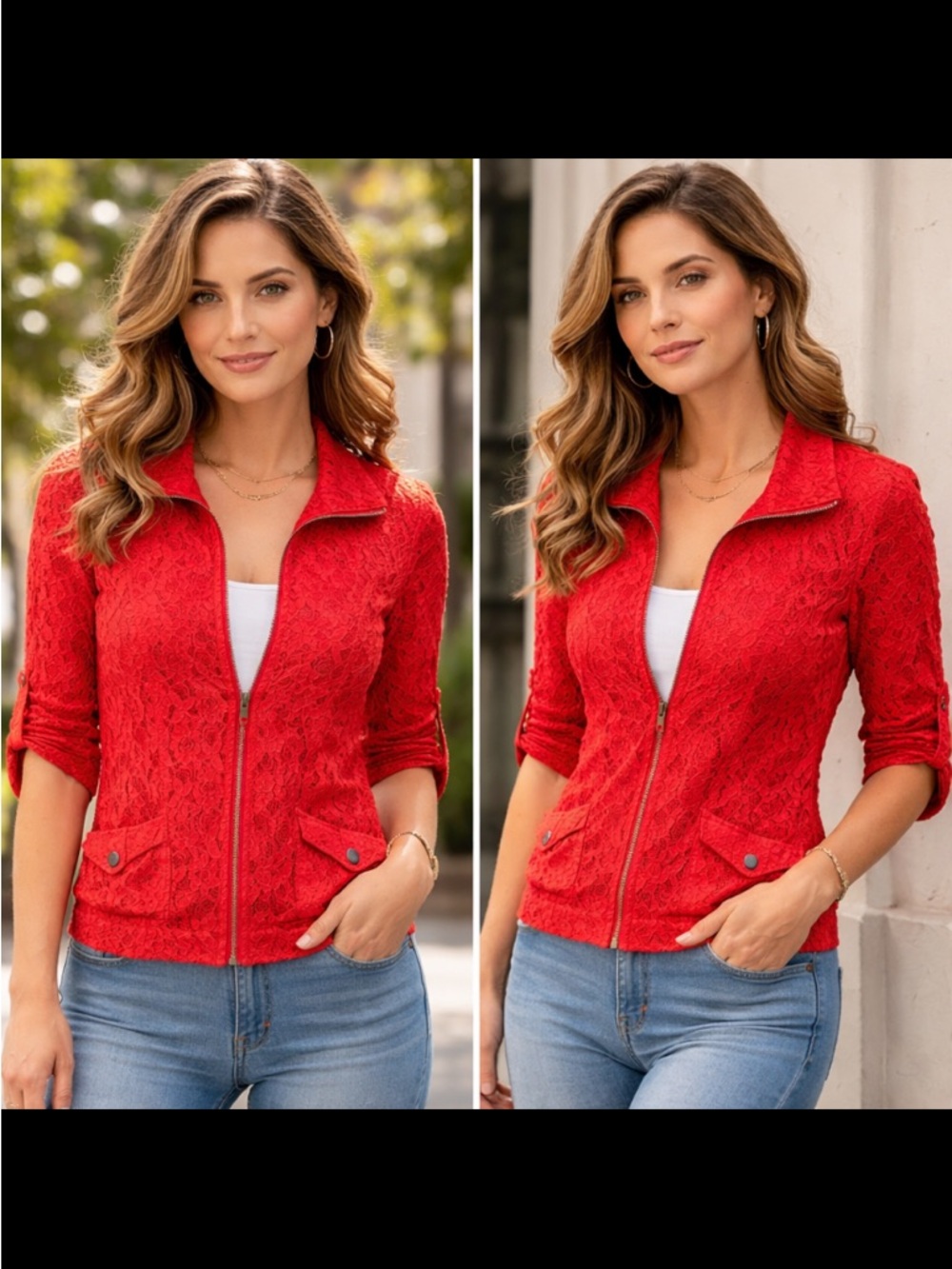 American Rag Red Lace Zip-Front Jacket size S
